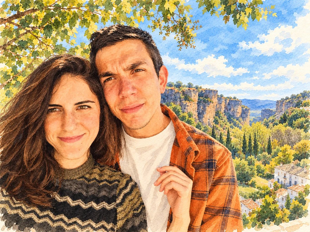 Ilustración en acuarela de Lucía y Jose, juntos y sonriendo, con un tajo de roca, árboles y casas blancas al fondo