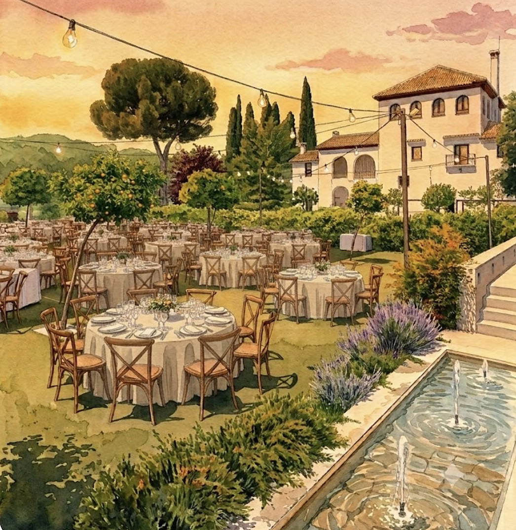 Ilustración en acuarela del Carmen Finca La Marquesa al atardecer: mesas redondas en el jardín, guirnaldas de luces, cipreses, la casa blanca y un estanque con fuente
