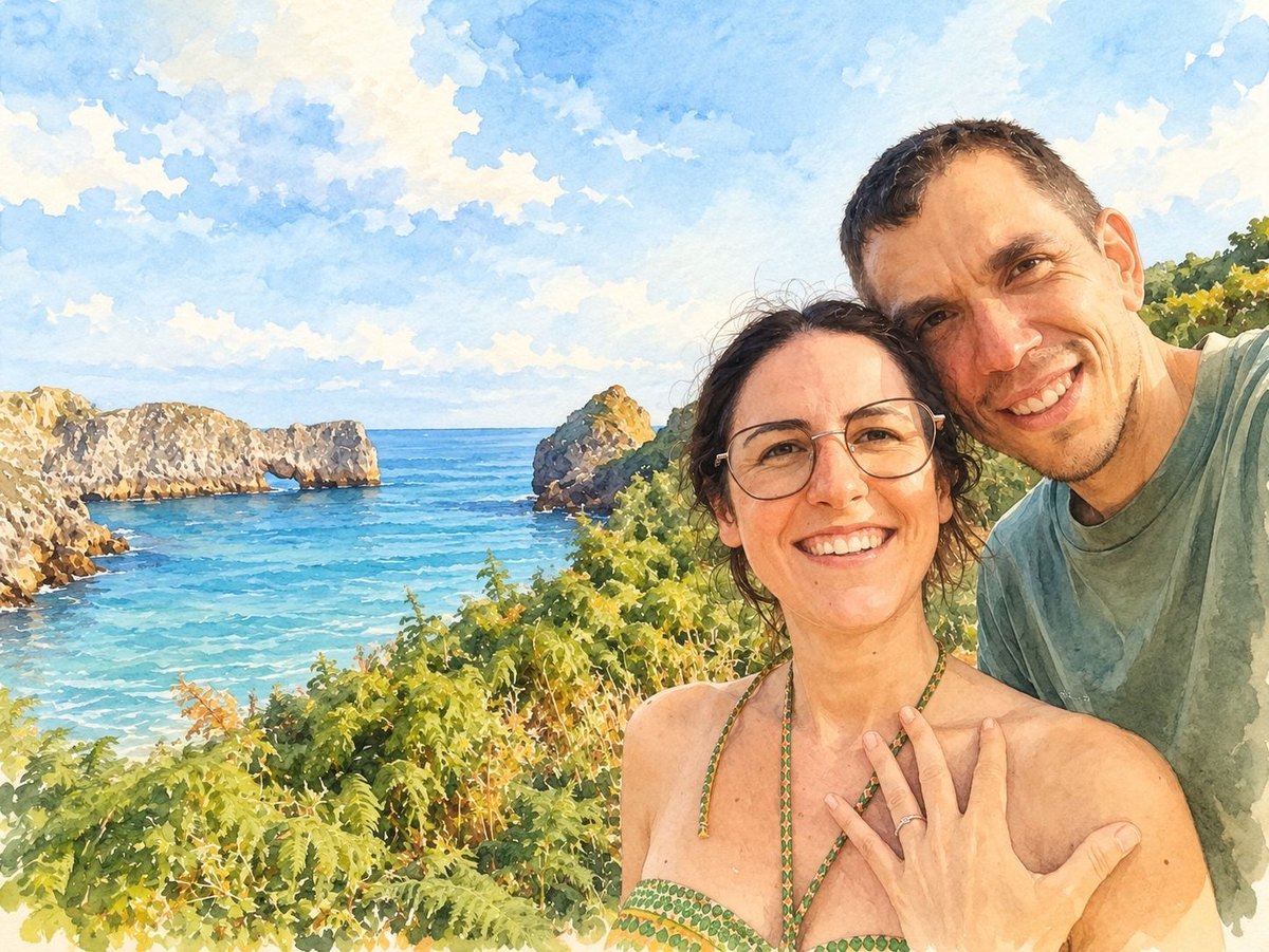 Ilustración en acuarela de Lucía y Jose sonriendo junto a unos acantilados sobre el mar; ella enseña el anillo de compromiso
